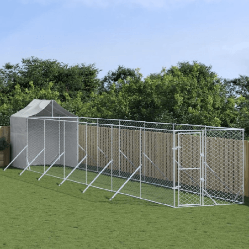 vidaXL Cuccia Cani da Esterno Tetto Argento 2x14x2,5 m Acciaio Zincato