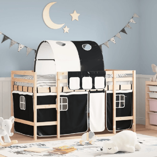 Letto a Soppalco con Tunnel Bambini Bianco e Nero 80x200cm Pino