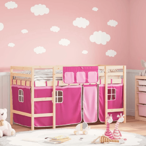 VidaXL Letto a Soppalco con Tende Bambini Rosa 90x190 cm Massello Pino