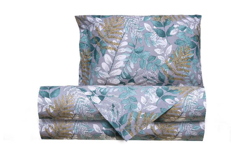 Completo letto lenzuola federe letto stampa fantasia 100% cotone Made in Italy FOLIAGE PIAZZA E MEZZA Completo letto lenzuola federe letto stampa fant