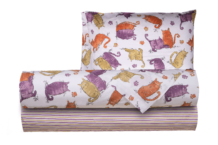 Completo letto lenzuola federe letto stampa fantasia 100% cotone Made in Italy GATTI ARANCIONE PIAZZA E MEZZA Completo letto lenzuola federe letto sta
