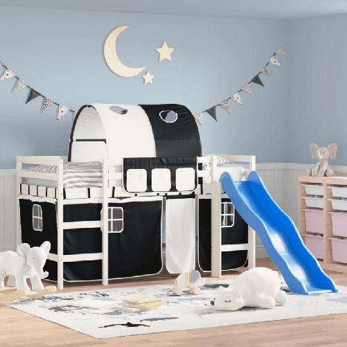 VidaXL Letto a Soppalco con Tunnel Bambini Bianco e Nero 90x190cm Pino