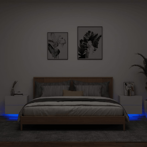 Comodini a Parete con Luci LED 2 pz Bianchi