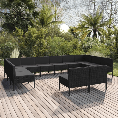 vidaXL Set Divani da Giardino 12 pz con Cuscini in Polyrattan Nero