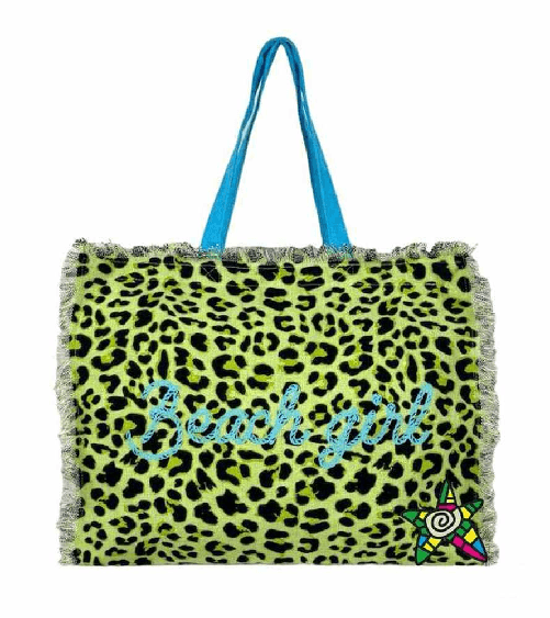 Giovanile Borsa Mare con chiusura lampo misura 48x38x16cm cotone canvas 100% spiaggia stampe colore Verde Leopardato