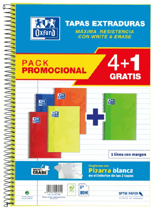 Oxford School Classic Write&Erase Pack 4+1 Fo - Quaderno a spirale - Copertina extra rigida - 1 riga con margine - 80 fogli - Colori assortiti