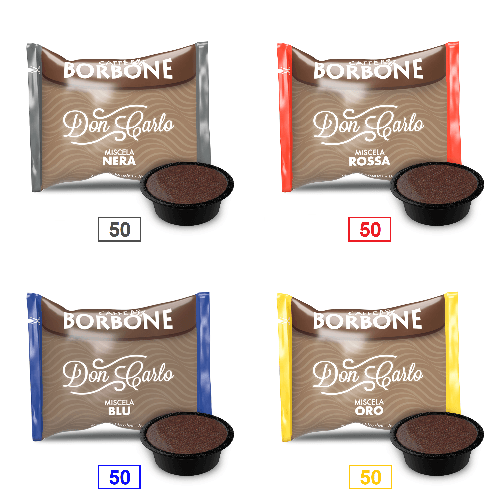 MIX 200 CAPSULE CAFFÈ BORBONE DON CARLO - 50 MISCELA NERA - 50 MISCELA ROSSA - 50 MISCELA BLU - 50 MISCELA ORO - COMPATIBILI A MODO MIO