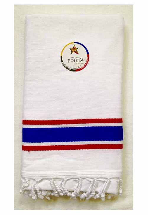 Telo Mare Fouta cotone spugna Nido D'ape misura 90 x 160cm più frange colore Bianco Rossoblu