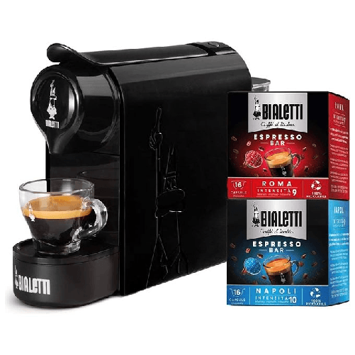 Bialetti Gioia Macchina Caffe' Espresso per Capsule in Alluminio Incluse 32 Capsule Supercompatta Serbatoio 500ml Nero Bialetti Gioia + 32 caps Autom