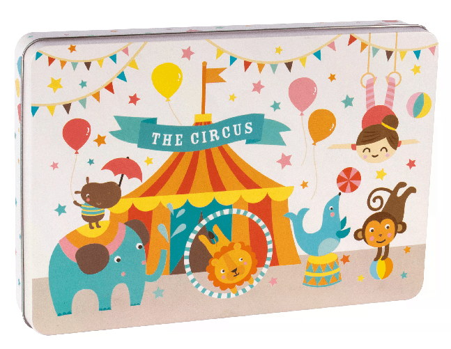 APLI Kids Circus Puzzle - 24 pezzi da 8x8 cm - scatola rettangolare in metallo - design esclusivo di Lily Lane - Gestion