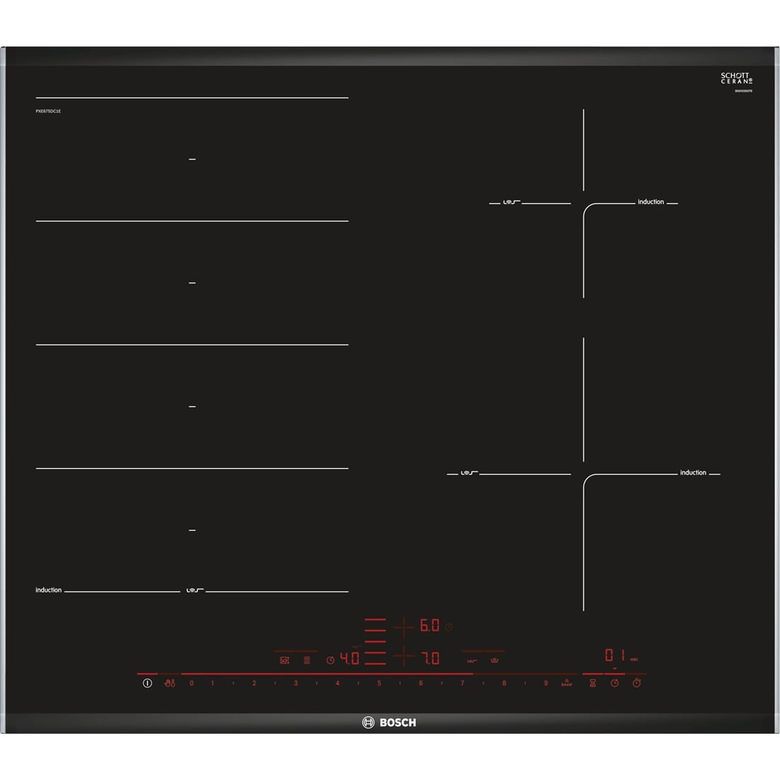 Bosch PXE675DC1E piano cottura Nero, Acciaio inossidabile Da incasso Piano cottura a induzione 4 Fornello(i)