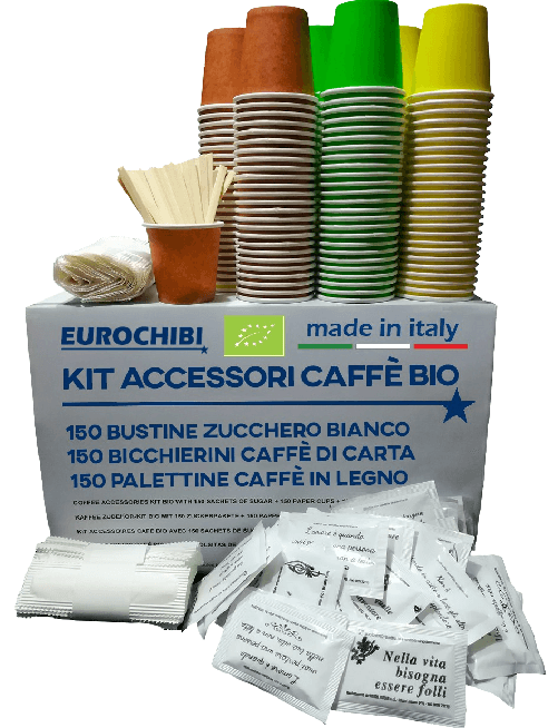 EUROCHIBI KIT ACCESSORI CAFFÈ BIO con 150 BUSTINE DI ZUCCHERO + 150 BICCHIERINI DI CARTA + 150 PALETTINE IN KIT ACCESSORI CAFFÈ BIO con 150 BUSTINE D