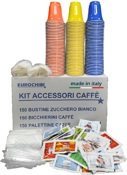 KIT ACCESSORI CAFFÈ con 150 BUSTINE DI ZUCCHERO + 150 BICCHIERINI + 150 PALETTINE - EUROCHIBI LINEA ALTA QUALITÀ
