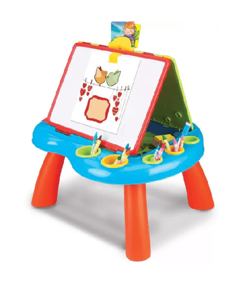 Trade Shop Traesio-tavolo Con Doppia Lavagna Per Bambini Scomparti Porta Accessori Puzzle E Gessi -
