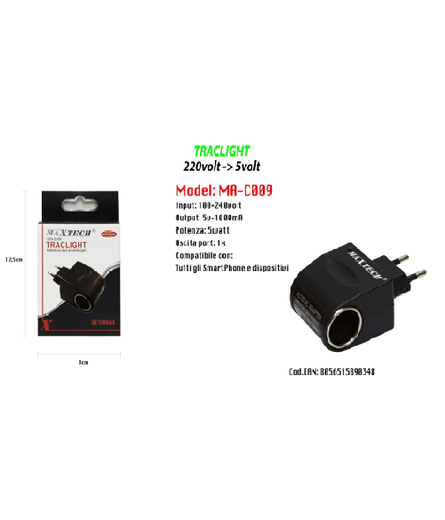 Maxtech-adattatore Accendisigari Da Auto Casa Ricarica Smartphone Dispositivi 5v-1000ma Maxtech Ma-c009 -