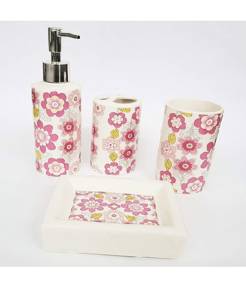 Cleafe-set 4pz Bagno Fiori Rosa Floreale Ceramica Dispenser Sapone Porta Saponetta Bicchiere Spazzolini -