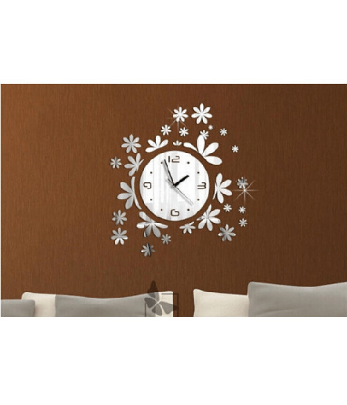 Maxtech-orologio Da Parete Moderno Adesivo 3d Con Fiori Erba A Muro Effetto Specchio -