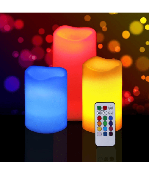 Trade Shop Traesio-set 3 Candele Led Luce Rgb Candela Telecomando Fuoco Finto Cromoterapia Massaggi -