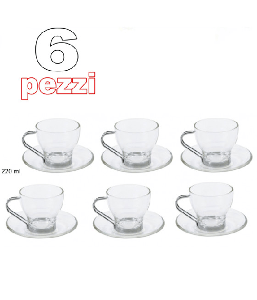 6 Tazza Da Cappuccino Tisana Caffe' In Vetro Con Manico Acciaio Con Piattino -