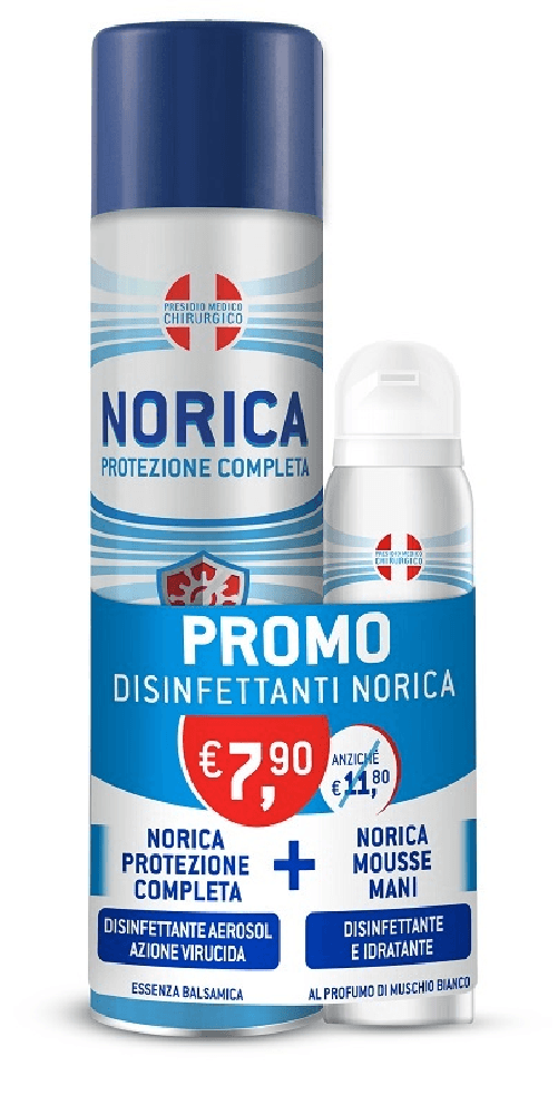 NORICA PROTEZIONE COMPLETA DISINFETTANTE AEROSOLO AZIONE VIRUCIDA ESSENZA BALSAMICA 300 ML + MOUSSE MANI DISINFETTANTE E IDRATANTE MUSCHIO BIANCO