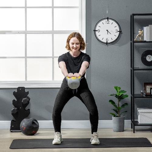SPORTNOW Kettlebell 4kg in PU e Sabbia con Base Piatta e Impugnatura per Stacchi, Squat e Sollevamenti, 18x12x20 cm, Giallo