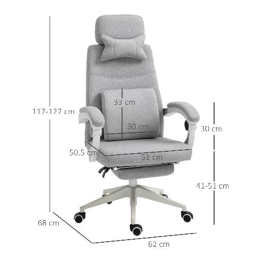 Vinsetto Sedia da Ufficio Ergonomica, Sedia da Scrivania con Rotelle, Cuscino Lombare, Poggiatesta e Poggiapiedi Estraibile, Grigia 62x68x117-127cm