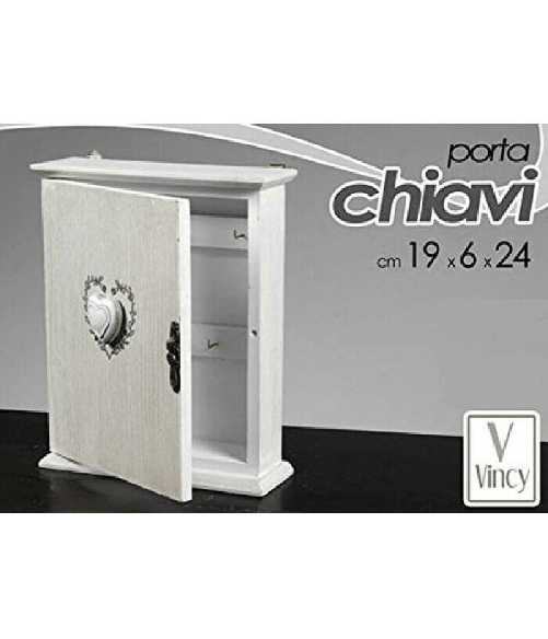 Trade Shop Traesio-cassetta Portachiavi Da Parete In Legno Bianco Con Cuore Stile Shabby Chic -