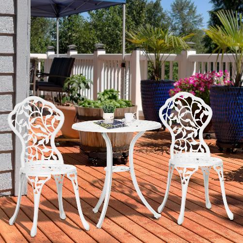 Outsunny Set da Giardino 3 Pezzi in Alluminio Bianco, 2 Sedie da Esterno 45x42x85.5 cm e Tavolino Rotondo Ø61x66.5 cm