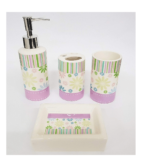 Set 4pz Bagno Strisce Lilla Floreale Ceramica Dispenser Sapone Bicchiere Spazzolini -