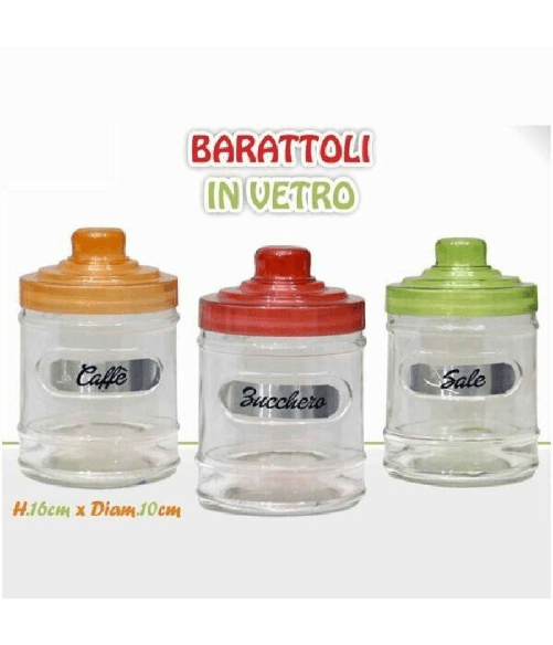 Trade Shop Traesio-tris Barattoli 3 Contenitori Caffè Zucchero Sale Vetro Tappo Colorato -