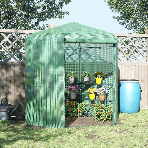 Outsunny Serra da Giardino in PE Anti-UV, 3 Ripiani e Porta Avvolgibile 225x194x215 cm, Verde
