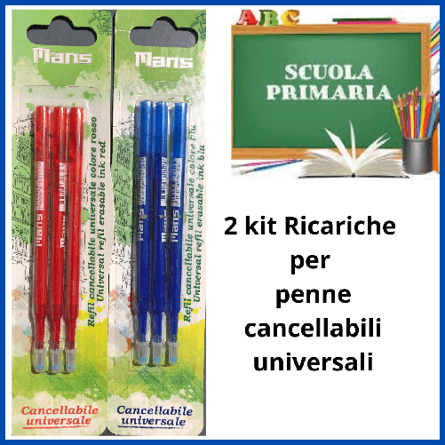 2 Kit da 3 pezzi Refil ricariche per penne cancellabili universali removibile scuola penna rossa e blu