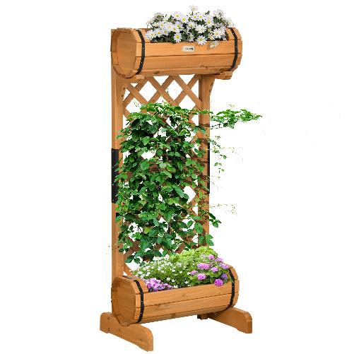 Outsunny Fioriera da Esterno a Mezza Botte in Legno di Abete Marrone con Grigliato per Rampicanti, 45x35x112 cm