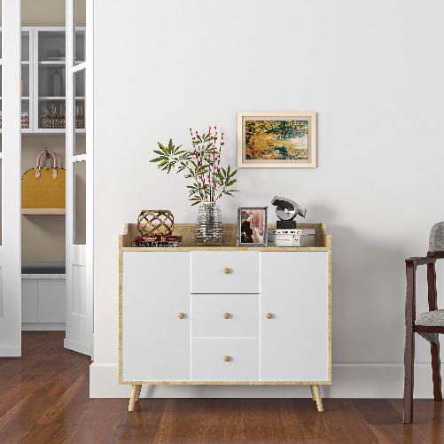 HOMCOM Credenza Moderna in Truciolato e Legno di Pino con 3 Cassetti e 2 Armadietti a 2 Livelli, 90x32x80A cm