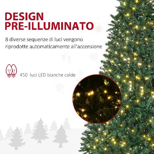 HOMCM Albero di Natale Artificiale Luminoso con 450 Luci LED Bianche e 1146 Rami, Base in Metallo Pieghevole - Verde