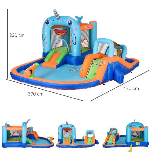 Outsunny Gioco Gonfiabile per Bambini 3-8 Anni con Borsa da Trasporto, 12 Paletti e Toppe Inclusi, 420x370x230 cm