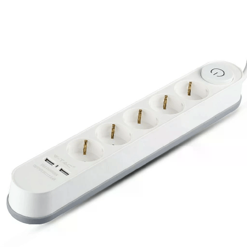 V-TAC Multipresa con Cavo 3m 5 Prese 16A con Interruttore Luminoso e 2 USB Colore Bianco