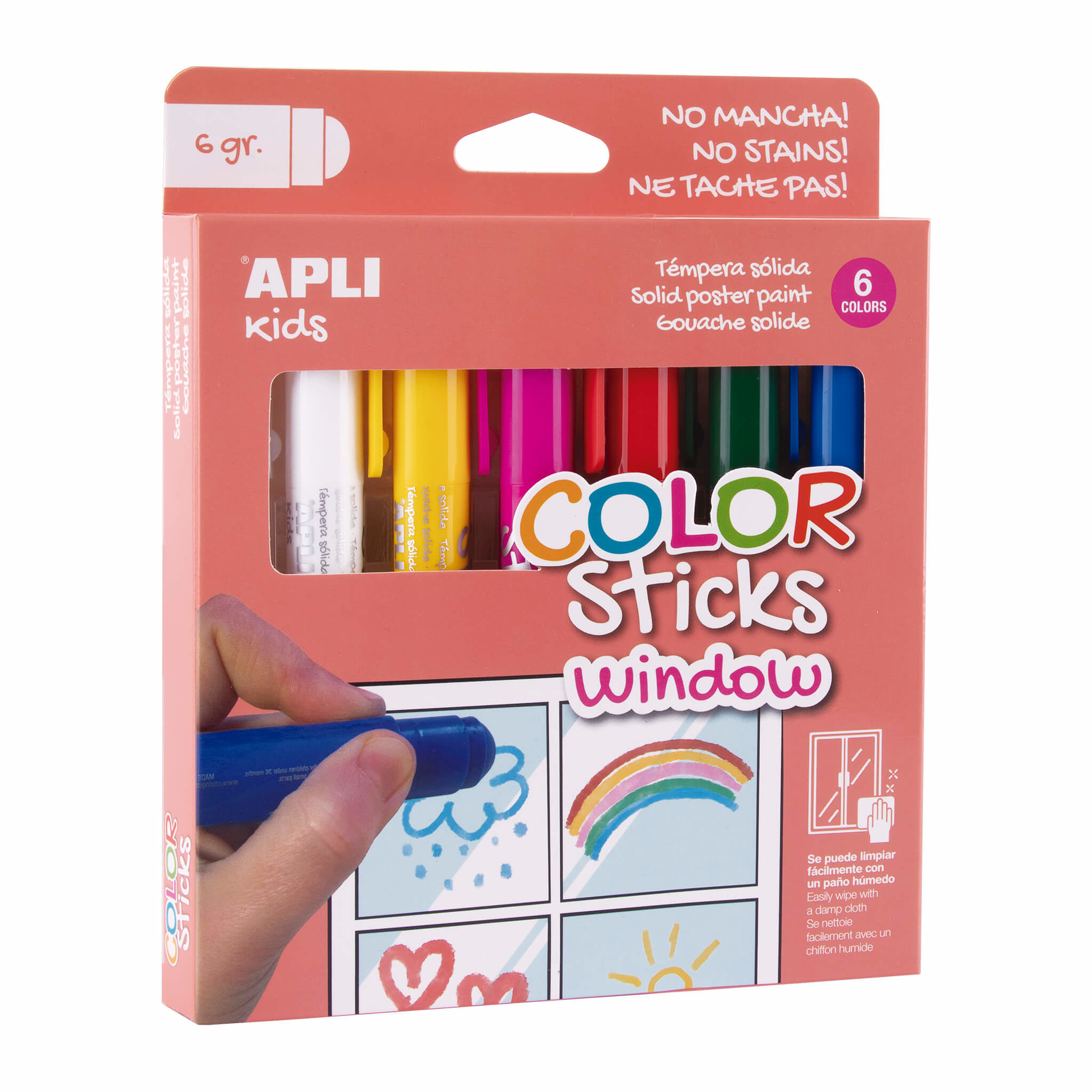 Apli Kids Color Sticks Window Pack 6 Tempere Solide 6gr - Speciali per Disegnare e Dipingere su Vetro - Facile Pulizia APLI 19363 evidenziatore in ges
