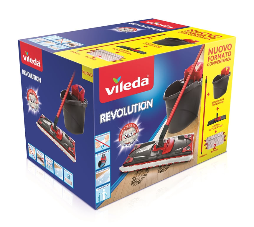 Vileda Revolution Sistema Lavapavimenti con Secchio Strizzatore e Piastra con 2 Panni in Microfibra Vileda Box Revolution sistema lavapavimenti