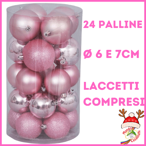Set 24 Palline di natale decorazioni addobbi natalizie palle per albero Rosa 7 e 6 cm natalizi creazioni allestimento colori brillanti da appendere