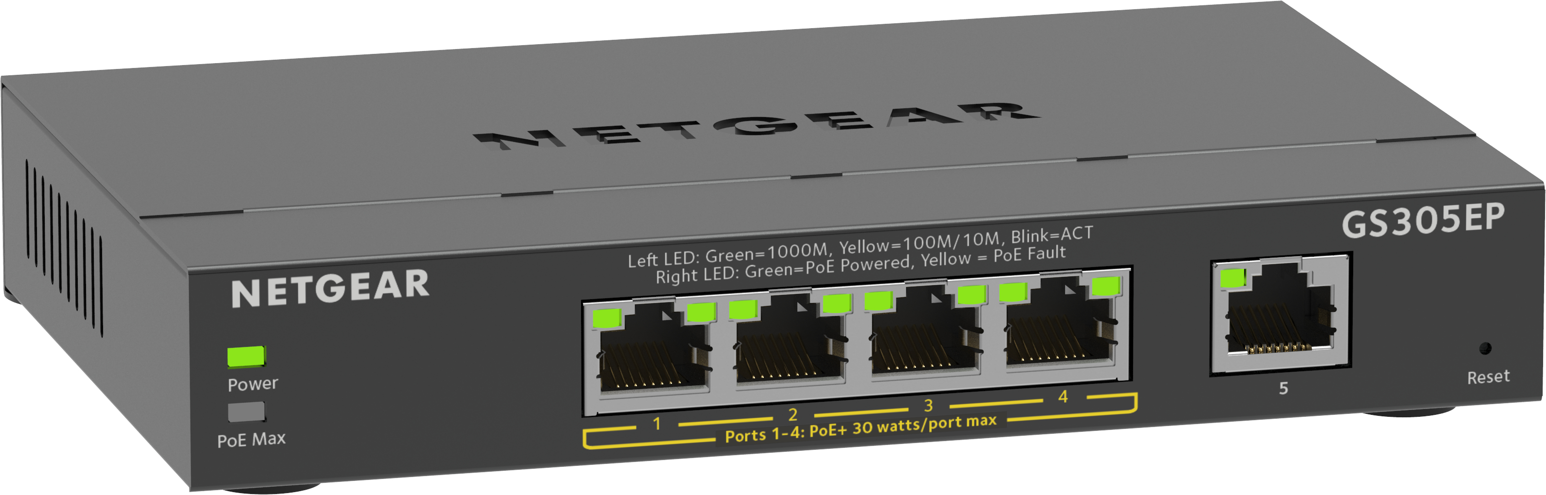 NETGEAR 5-Port Gigabit Ethernet PoE+ Plus Switch (GS305EP) Gestito L2/L3 Gigabit Ethernet (10/100/1000) Supporto Power over Ethernet (PoE) Nero