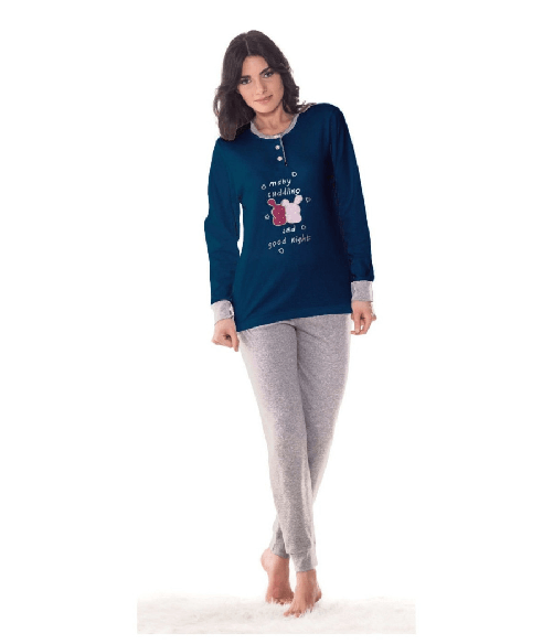 Trade Shop Traesio-pigiama Da Donna Ragazza In Cotone Maglia Blu Scuro E Pantalone Lungo Grigio - L Trade Shop Traesio-pigiama Da Donna Ragazza In