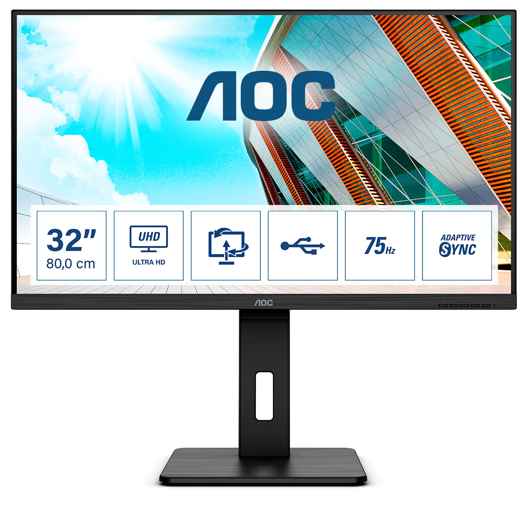 AOC U32P2 - Monitor UHD da 32 pollici, regolabile in altezza (3840 x 2160, 75 Hz, HDMI 2.0, DisplayPort, hub USB) AOC P2 U32P2 Monitor PC 80 cm (31.5"
