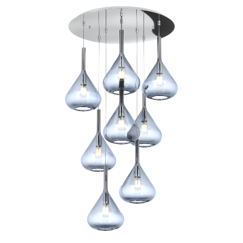 Sospensione Contemp Tonda Kona Metallo Cromo Vetro Blu 8 Luci E27