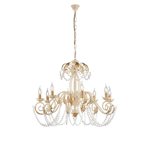 Lampadario Shabby Damasco 8 Luci Ferro Battuto Avorio E Oro Con Cristalli