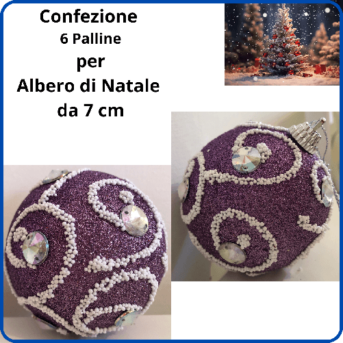 Confezione set 6 palline di natale viola lilla palle per albero addobbi natalizi decorazioni natalizie da 7 cm brillantinata con strass e laccetto