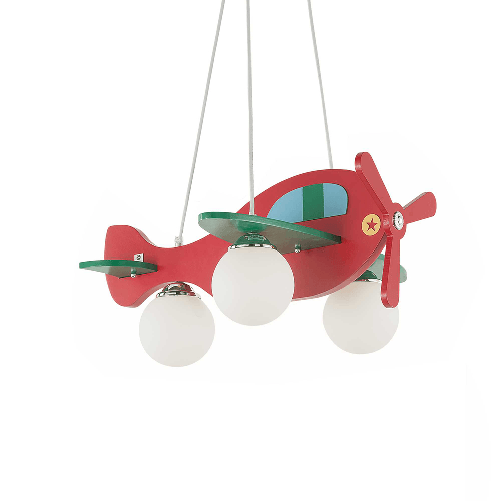 Lampadario Contemporaneo Avion Legno Rosso 3 Luci E14