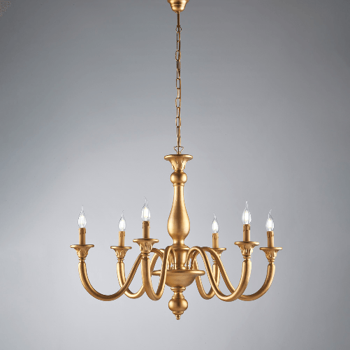 Lampadario Contemporaneo Lucca Legno Oro 6 Luci E14