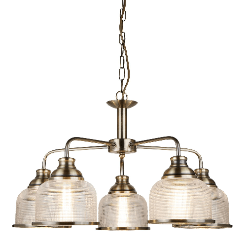 Lampadario Contemporaneo Bistrot Ii Acciaio Ottone Vetro Trasparente 5 Luci E27