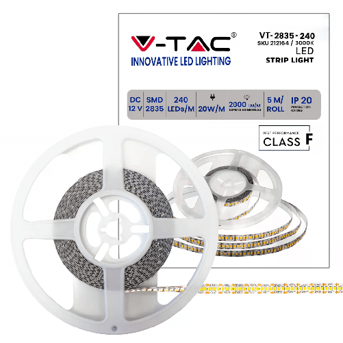 V-TAC Strip LED SMD2835 20W/m 5m 240 LED/m 2000Lm m 12V 3000K IP20 10mm